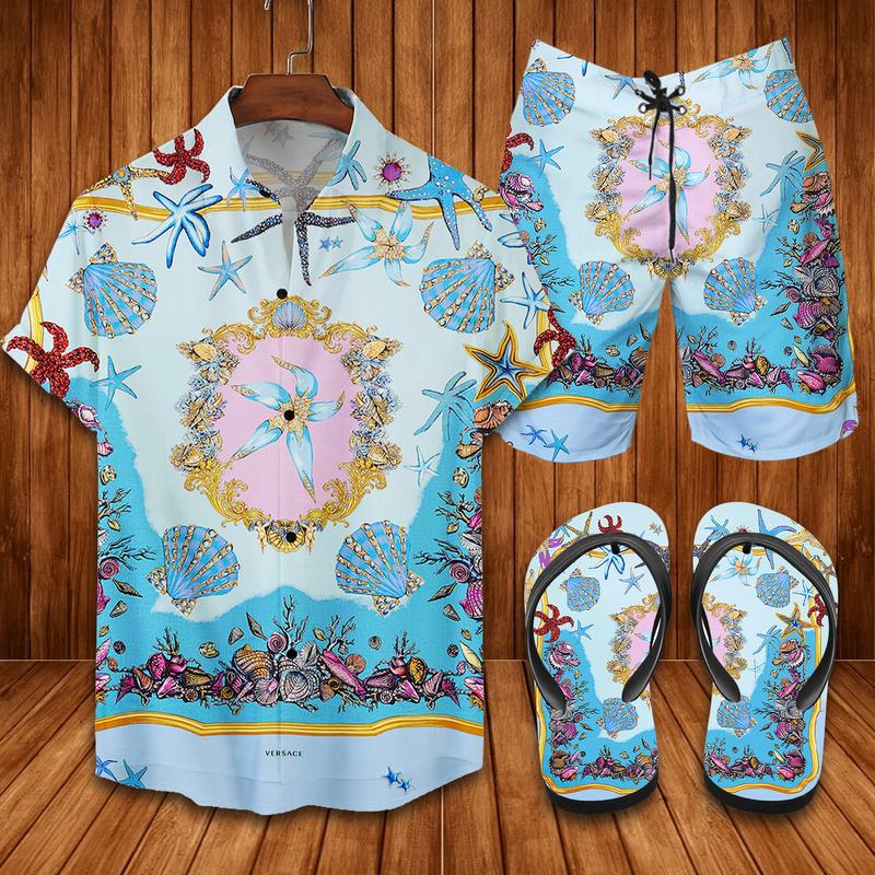 Versace Flip Flops And Combo Hawaiian Shirt, Beach Shorts Vu01428 Vu01430