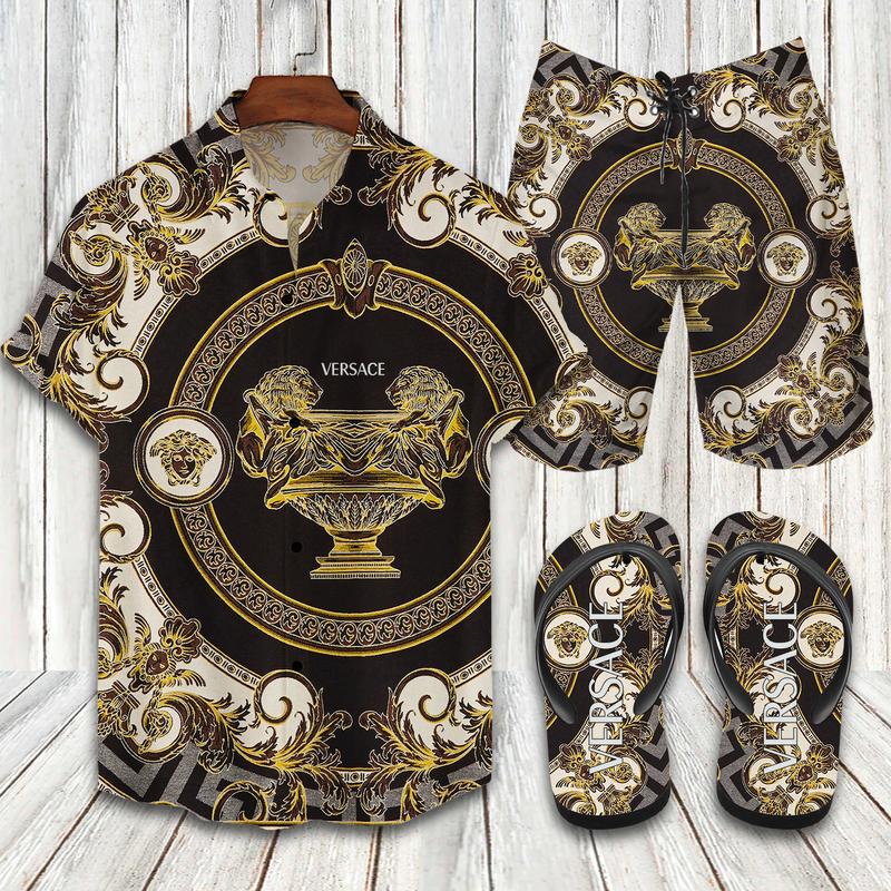 Versace Flip Flops And Combo Hawaiian Shirt, Beach Shorts Vu01573 Vu01575