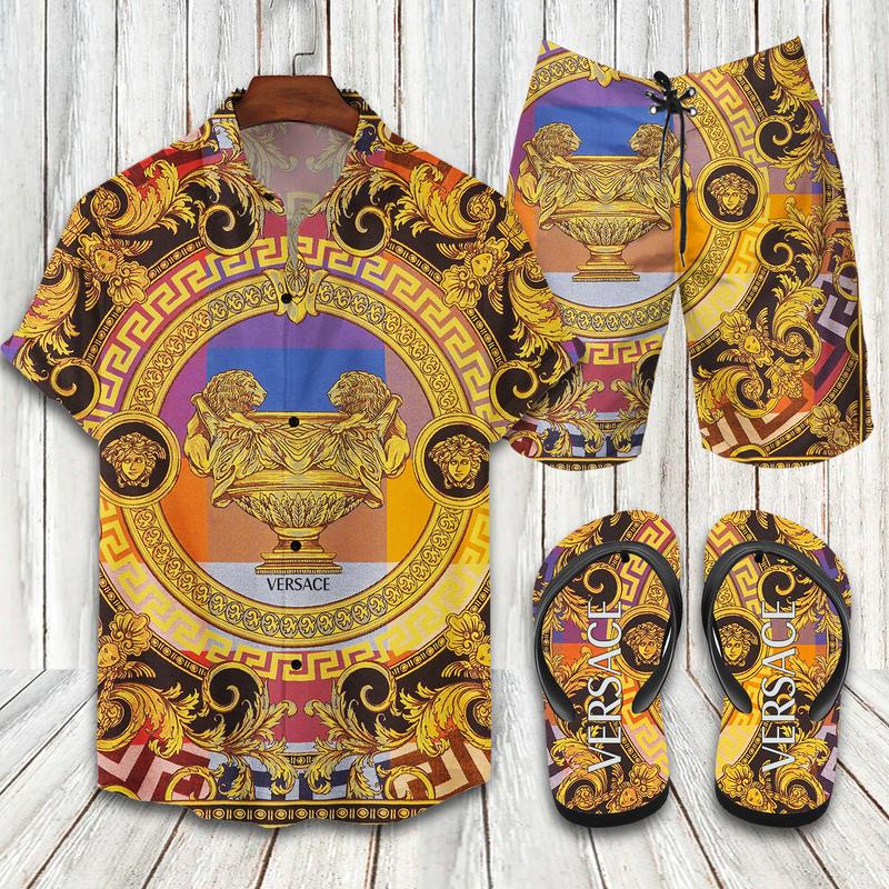 Versace Flip Flops And Combo Hawaiian Shirt, Beach Shorts Vu01576 Vu01578
