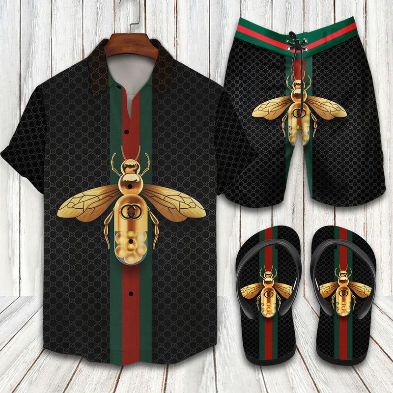 GC Black Bee Hawaii Shirt Shorts Set   Flip Flops Luxury Clothing Clothes Outfit For Men HT
