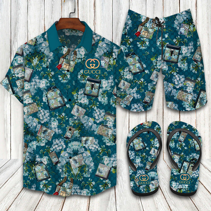 GC Blue Floral Hawaii Shirt Shorts Set   Flip Flops Luxury Clothing Clothes Outfit For Men HT