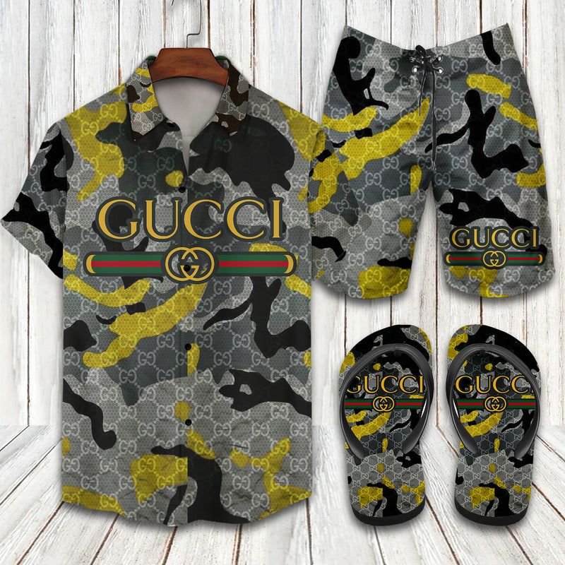 GC Grey Hawaii Shirt Shorts Set   Flip Flops Luxury Clothing Clothes Outfit For Men HT
