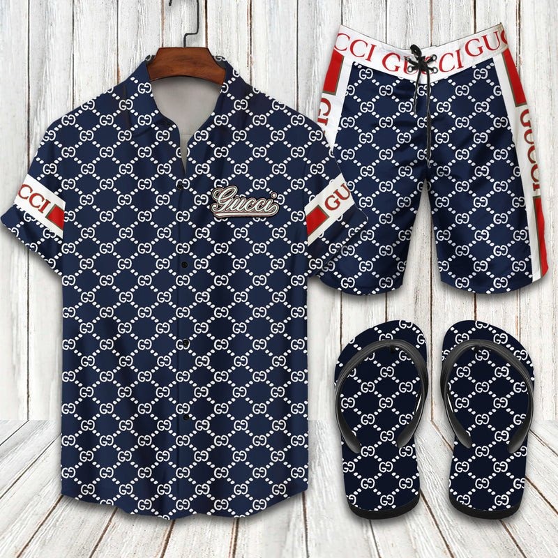 GC Navy Hawaii Shirt Shorts Set   Flip Flops Luxury Clothing Clothes Outfit For Men HT