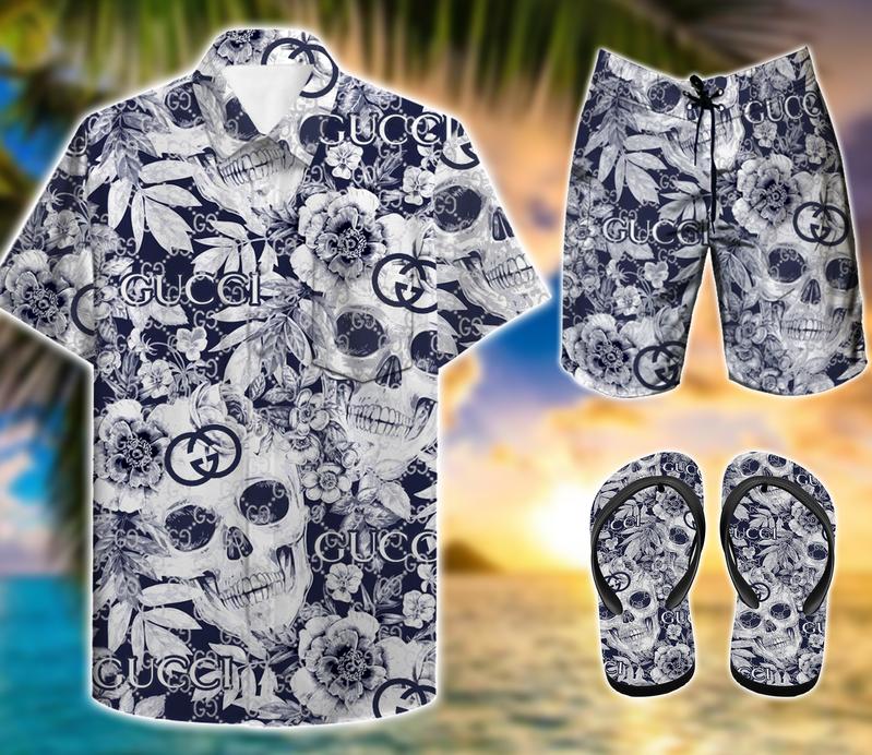 GC Skull Floral Hawaii Shirt Shorts Set   Flip Flops Luxury Clothing Clothes Outfit For Men HT