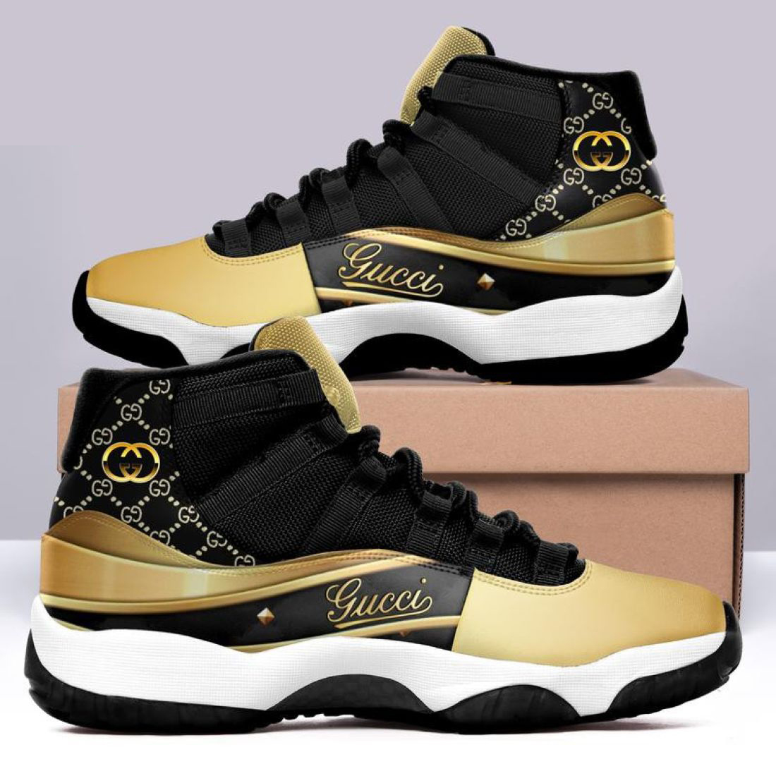 Gucci Black Gold Air Jordan 11 Sneakers Shoes Hot 2022 Gifts For Men Women HT