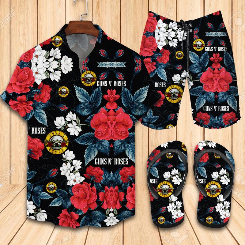 Guns N' Roses Flip Flops And Combo Hawaiian Shirt, Beach Shorts Vu01519 Vu01521