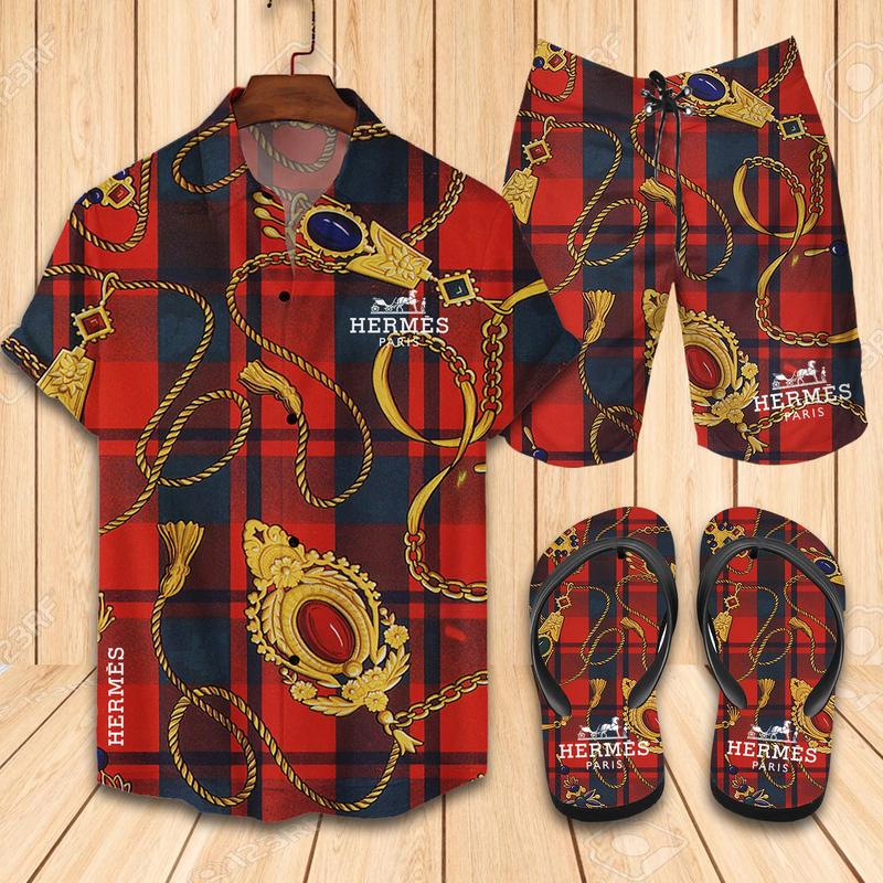 Hermes Flip Flops And Combo Hawaiian Shirt, Beach Shorts Vu01453 Vu01455