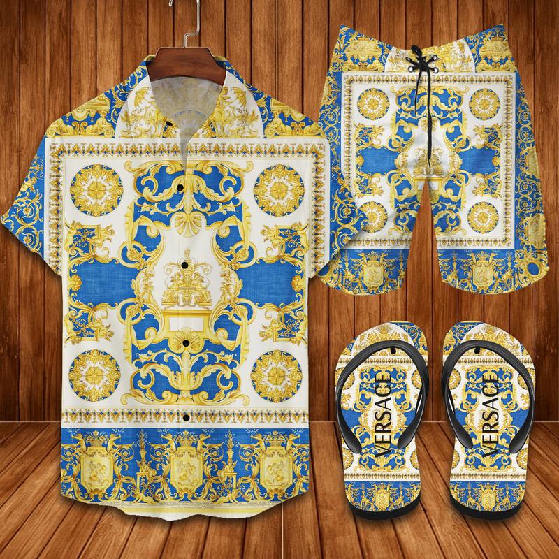 Versace Flip Flops And Combo Hawaiian Shirt, Beach Shorts Vu01412 Vu01414