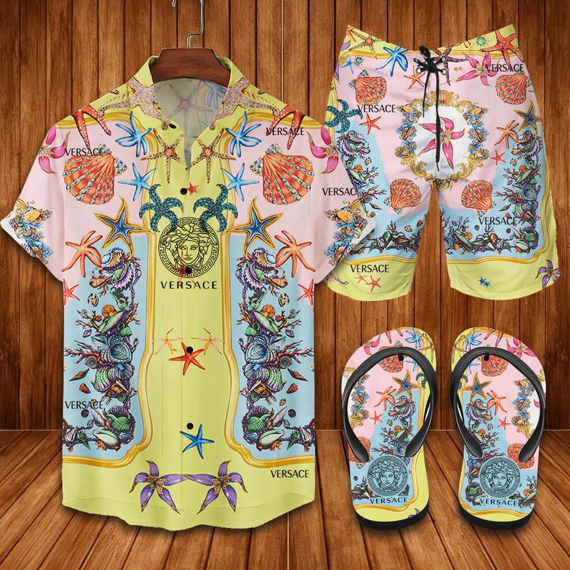 Versace Flip Flops And Combo Hawaiian Shirt, Beach Shorts Vu01425 Vu01427