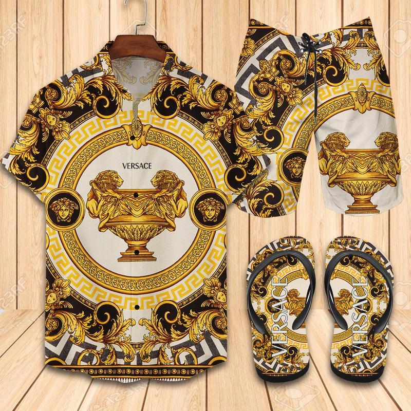 Versace Flip Flops And Combo Hawaiian Shirt, Beach Shorts Vu01570 Vu01572